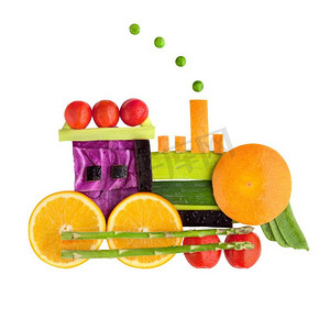 葡萄酒火车头的食物概念由蔬菜和水果，在白色隔绝。