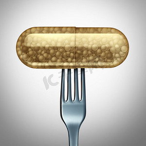 益生菌补充剂作为一种天然的消化支持药物，作为一种3D插图放在叉子上的药丸胶囊。益生菌补充剂