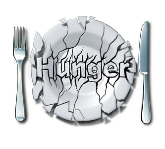 饥饿的概念和饥饿的想法是一个破碎的盘子，文字是贫穷和营养不良的象征，作为3D插图。饥饿概念