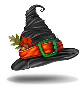 魔法巫师帽摄影照片_女巫帽万圣节秋季服装对象作为一个幽灵般的秋季假期季节性和感恩节象征与3D元素。