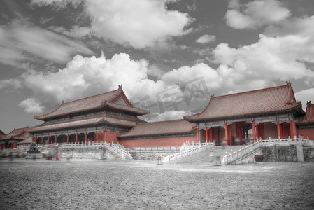 紫禁城。北京，中国。黑红白相片