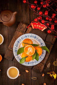 春节水果橘子木桌摆放