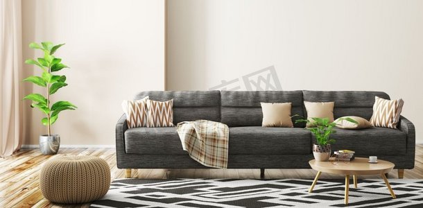客厅内饰现代，配有黑色沙发、针织枕头和茶几3D渲染