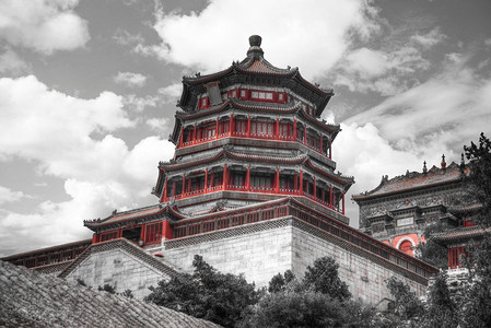 北京郊区的颐和园。黑红白相片
