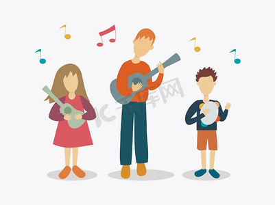 乐器演奏摄影照片_父亲与孩子一起演奏乐器的插图—父亲节庆祝活动