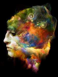 心灵之雾系列分形颜料的补丁，人脸和抽象元素对意识，意识和思想的主题的相互作用