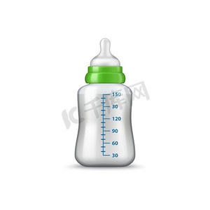 小瓶牛奶放在150毫升的隔离乳制品上。矢量塑料或玻璃哺乳奶瓶。含奶嘴的奶瓶隔离奶食品
