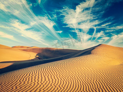 thar摄影照片_复古复古效果过滤了时髦风格的山姆沙丘在塔尔沙漠的形象。印度拉贾斯坦邦。沙漠中的沙丘