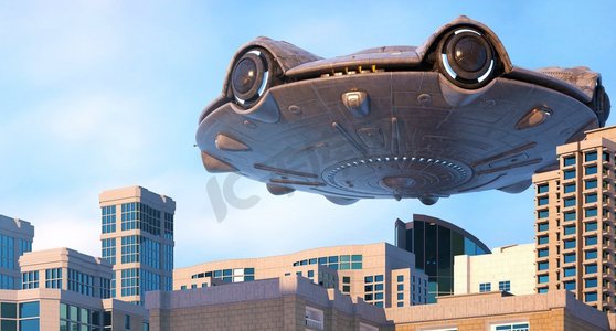 UFO在城市上空飞行3D插图。UFO飞越城市