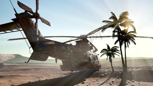 在沙漠中发现一架生锈的军用直升机旧的生锈的军用直升机