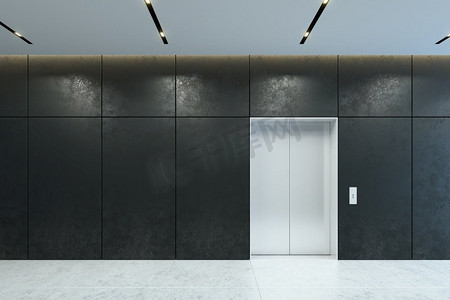 电梯内部摄影照片_现代电梯与关闭的门在办公室大厅，3d渲染