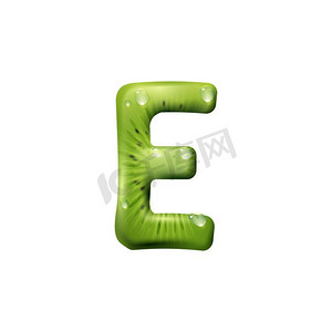 E字母猕猴桃孤立的ABC符号。矢量夏天字体与水飞溅。字母E孤立的绿色奇异果字体与水滴