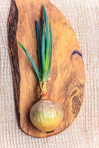 蔬菜食品摄影照片_健康的可食用植物。洋葱球茎与香葱新鲜绿色芽，蔬菜食品在木板