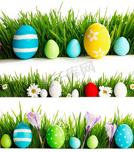 清新的春天和复活节被隔绝在白色的背景上。鸡蛋、鲜花和青草..清新的春节复活节接近白色