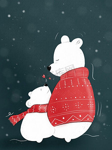 卡通礼物和摄影照片_手绘插图两只北极熊拥抱对方与圣诞和冬天的衣服