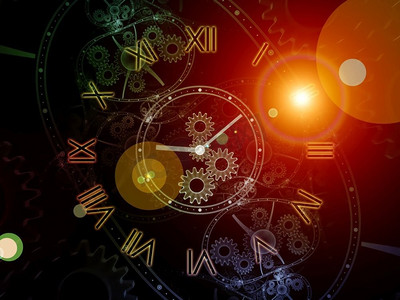 时空。时间序列的面孔。科学、教育和现代技术学科的钟表盘和抽象元素的图形组成