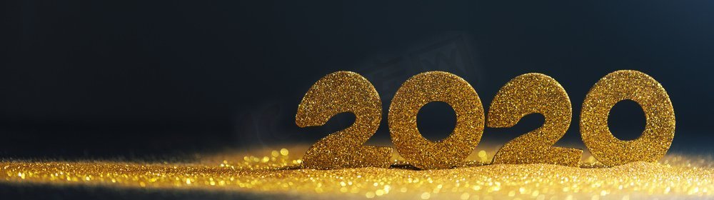 旗帜设计摄影照片_2020新年奢华设计理念。金色2020新年水平模板与金色闪光在蓝色背景。2020新年豪华设计