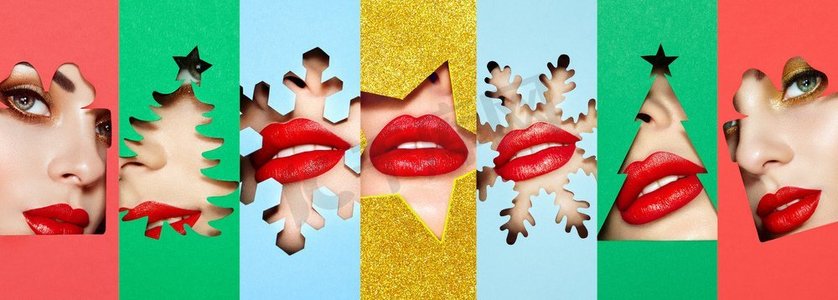 彩色纸上的女人脸.人物特写唇彩