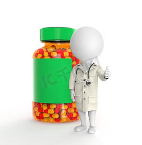 3D小人物作为医生站在药瓶附近。医生站在药瓶附近
