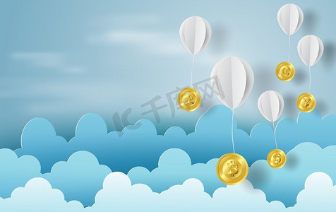 矢量云层摄影照片_纸艺气球用货币换取商业上的货币和经营理念，蓝天，云，向量