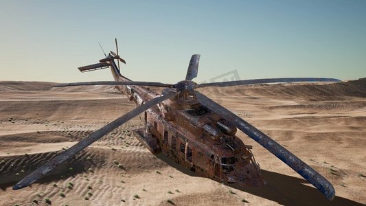 日落时分，一架破旧的军用直升机在沙漠中