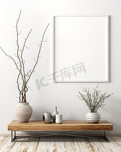 现代客厅内部，木质侧桌，带树枝的花瓶和白墙上的模拟海报3D渲染
