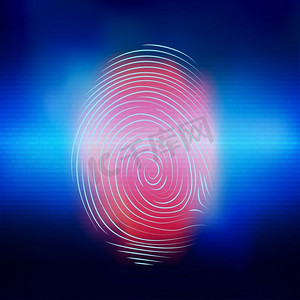 指纹红色指纹摄影照片_用于识别个人身份的生物特征电子系统。蓝色背景，红色指纹扫描