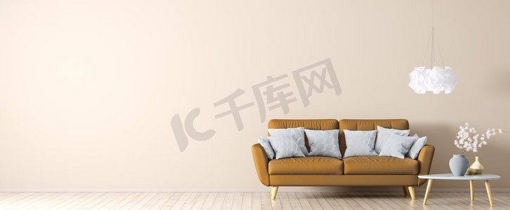 客厅内部与橙色沙发在米色硬木地板，咖啡桌和光，全景3d渲染