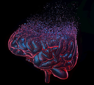 人脑爆炸在黑色背景。3D插图。人脑爆炸在黑色背景