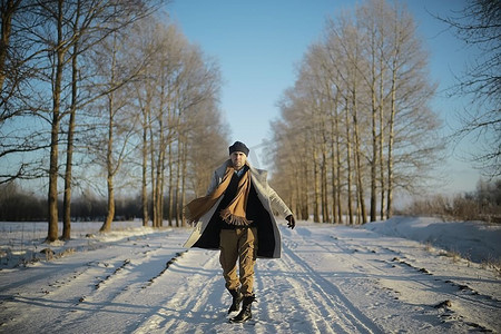 穿着大衣/冬季风格的时髦男子，在冬季风景的背景下行走，下雪的天气，保暖的衣服