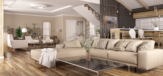 房子，厨房，客厅与沙发，大厅，楼梯全景3d渲染的现代室内设计