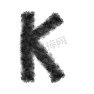 字母K从黑色的云或烟雾在白色背景与复制空间，不渲染。字母K在白色背景上由乌云制成。