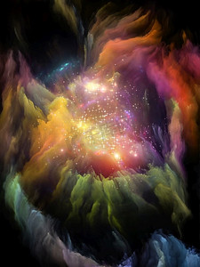 七彩摄影照片_色彩空间系列三维七彩云雾阵。艺术、想象力、创造力和教育的主题抽象。