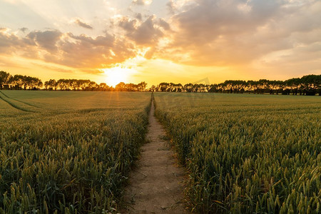 旅行旅行概念穿过乡村麦田或大麦作物的小路上的日落或日出