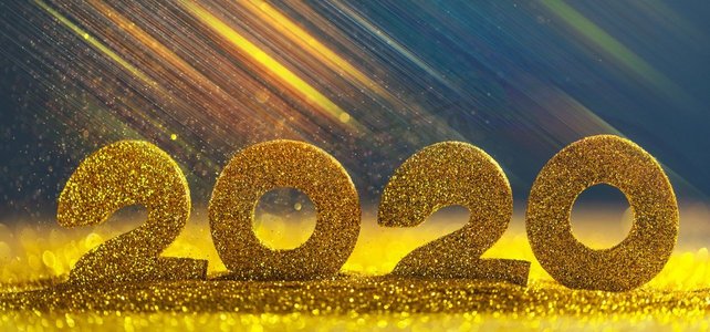 2020圣诞摄影照片_2020新年奢华设计理念。金色2020新年水平模板与金色闪光在蓝色背景。2020新年豪华设计