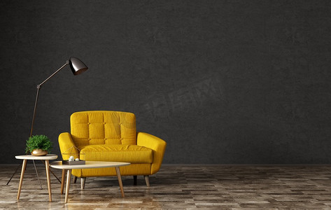 粉刷墙摄影照片_客厅内部有木制的三角形咖啡桌、落地灯和黄色扶手椅，上面覆盖着黑色粉刷墙，3D渲染