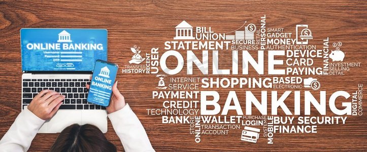 网上银行的数字货币技术概念。图形界面显示在互联网网站和数字支付服务的资金转移。