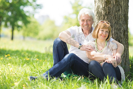 阳光的树下摄影照片_坐在草地上的高年级夫妇。阳光明媚的夏日，快乐的老夫妇坐在公园的树下草地上