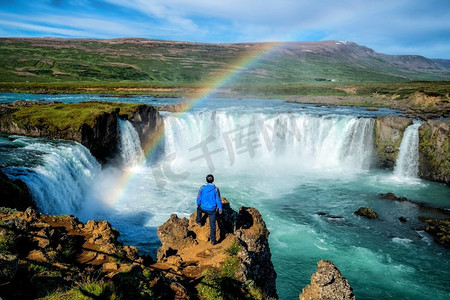  背包客，美丽的，蓝色，dettifoss