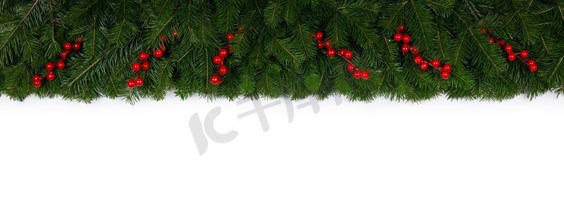 圣诞节边界树枝和红色浆果框架在白色背景与拷贝空间隔绝圣诞树树枝架