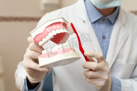清洁设备摄影照片_近距离的牙医手显示如何洗你的牙齿。牙科医生清洁假牙