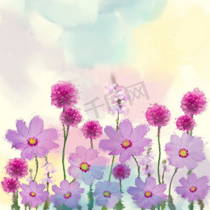 紫色花水彩插图数字绘画。