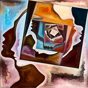 水彩风格海报摄影照片_内螺旋系列人的脸轮廓和几何结构在思想、灵魂、内心世界和意识的主题上的相互作用。