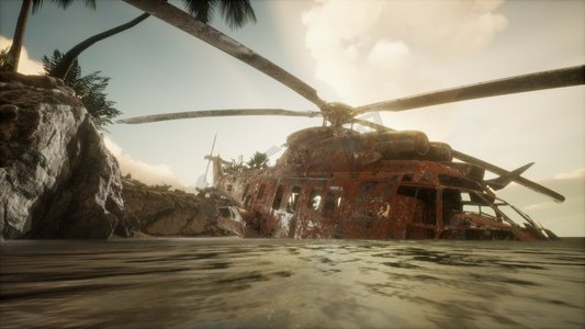 该岛附近陈旧生锈的军用直升机