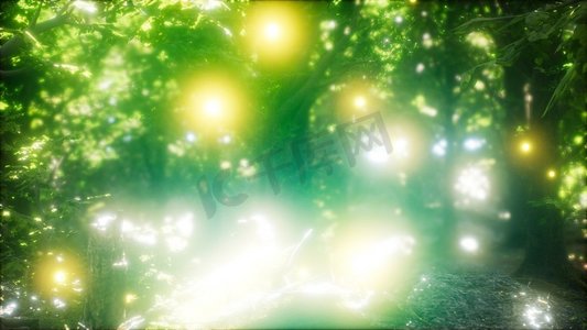 萤火虫夏天摄影照片_萤火虫在绿色的森林里飞翔。林中飞来的萤火虫
