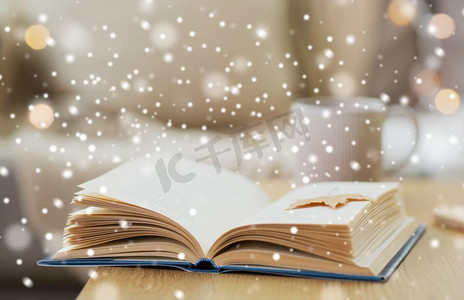 冬天，文学与阅读理念--在雪地上的家里木桌上打开秋叶书。雪地上桌上有秋叶的书