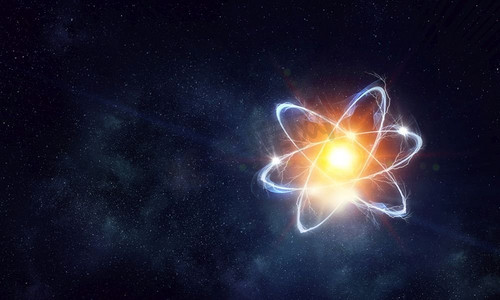 作为摄影照片_原子在太空中作为科学技术能量的概念。原子分子摘要