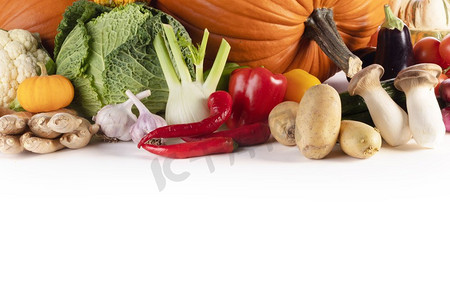 边框秋天摄影照片_许多蔬菜的收获隔绝在白色背景边框与文本的复制空间。收获在白色背景