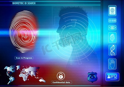 安全数据访问与人类生物识别。背景与男子在剪影轮廓轮廓与红色指纹