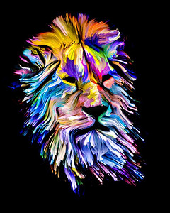 动物漆系列以想象力、创造力和抽象艺术为主题的彩色绘画中的狮子脸。’